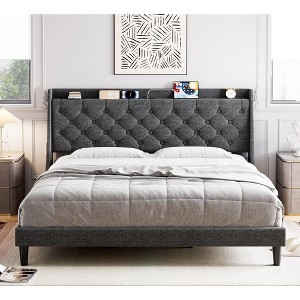 Garvee King Size Bed Frame with Charging Ports & Storage Shelf, Upholstered Platform Bed with Wingback Headboard, No Box Spring Needed, Gray - 1 of 4