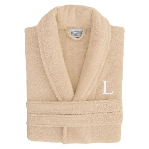 Linum Home Textiles 100% Turkish Cotton Unisex Personalized Terry Bathrobe Beige in White Bookman Font - 1 of 2