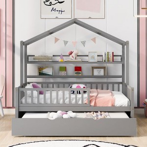 Twin Size House Bed w/2 Drawers and Storage Shelves, Wood Family Bed with Roof & Fence Rails Playhouse Tent Bed Frame, Multiple-Function Daybed - 1 of 4