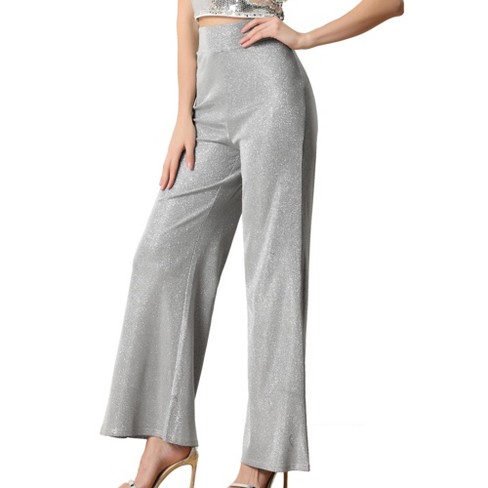 Allegra K Women's Sparkly Glitter Wide Leg Palazzo Party High Waist Pants  Silver Medium