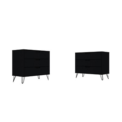 Set of 2 Rockefeller 3 Drawer Dresser Black - Manhattan Comfort