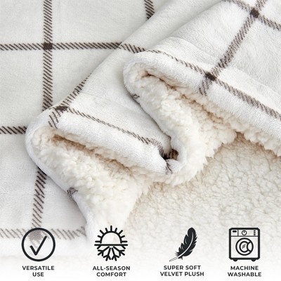 Grey Windowpane Sherpa Fleece Reversible Throw Blanket