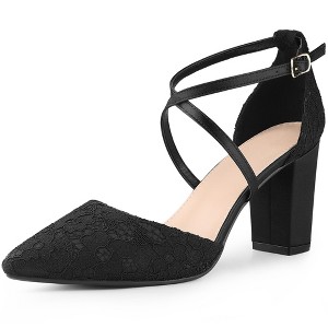 Perphy Women's Pointed Toe Criss Cross Straps Chunky Heel Lace Pumps - 1 of 4