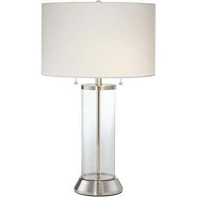 Possini Euro Design Coastal Table Lamp with USB and AC Power Outlet in Base 26.5" High Silver Clear Glass Column Drum Shade for Living Room