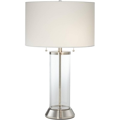 Possini Euro Design Coastal Table Lamp with USB and AC Power Outlet in Base Silver Clear Glass Column Drum Shade for Living Room