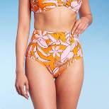 Women's Tropical Print Tummy Control Full Coverage High Waist Bikini Bottom - Kona Sol™ Orange