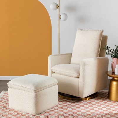 Ivory Boucle Pillowback Swivel Glider with Gold Base