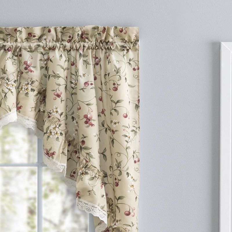 Ellis Curtain Cherries Ruffled 1.5" Rod Pocket Swag for Windows Lace Edge 58" x 36" Natural, 3 of 5