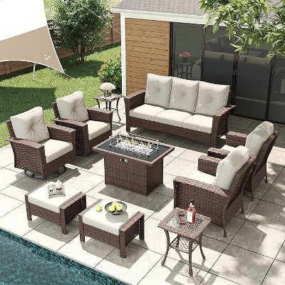 LayinSun Wicker Patio Furniture Set with Fire Pit Table, Classis Outdoor Conversation 360 Degree Swivel Chairs Set with Coffee Table