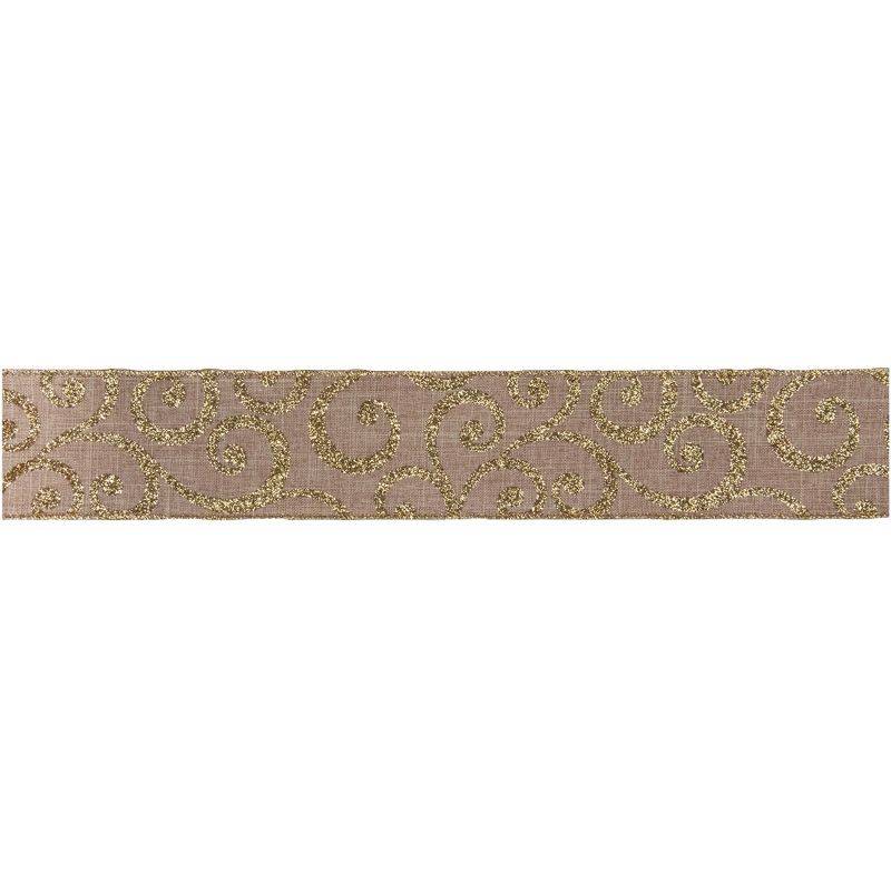 Northlight Burlap and Gold Scroll Christmas Wired Craft Ribbon 2.5" x 10 Yards, 1 of 4