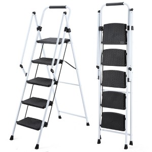 NAYSAYE 5 Step Folding Ladder White Steel Frame Wide Non Slip Pedals Safety Handle Portable for Home Kitchen Office, White, 18"*35"*63.9" - 1 of 4