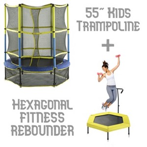 55" Mini Kids Trampoline + Hexagonal Fitness Rebounder with Handrail - Family Set for Children & Adults - 1 of 4