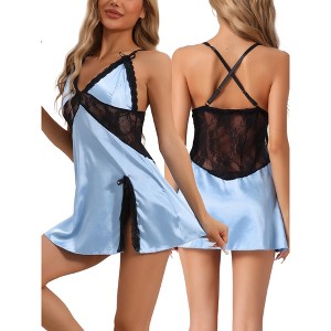 INSPIRE CHIC Women's Satin Lingerie Lace V-Neck Chemise Sleep Dress - 1 of 4