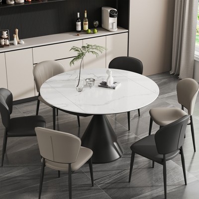 Versatile Dining Table with Marble-Pattern Stone Top & Steel Base