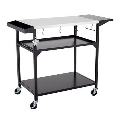 3-Shelf Grill Cart with Wheels, Outdoor Metal Food Prep and Pizza Oven Table Cart with Side Table