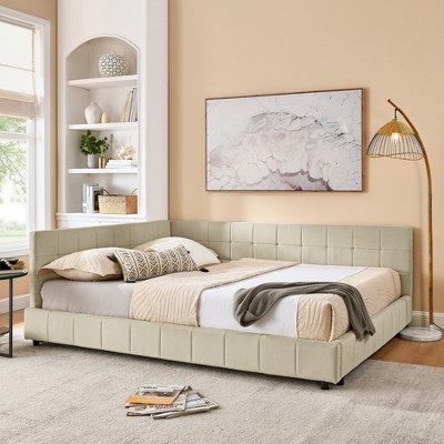 Queen Size Upholstered Tufted Bed Frame, Sofa Bed Frame with Comfortable Backrest and Armrests