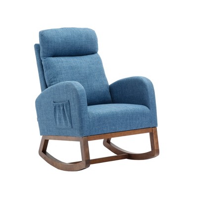VYNXARIA Rocking Chair,Recliner Armchair with Wood Legs and Side Pocket, Nursery Rocking Accent Chair with High Back(Blue linen)