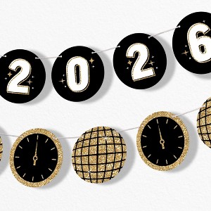 Big Dot of Happiness Hello New Year Garland Banner, 2026 New Year's Eve Decor, 30 Ft of Cord, 15 Paper Disco Balls Midnight Clock Shapes Double-Sided - 1 of 4