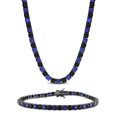 EVERLY JEWELRY |Men's Black Rhodium Plated Sterling Silver 58 1/10ct TGW Created Blue and Black Sapphire Tennis Necklace and Bracelet 2-Pc Set