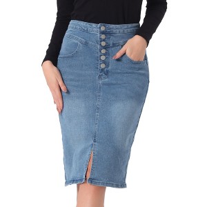 INSPIRE CHIC Women's High Waist Split Hem Casual Denim Pencil Skirt - 1 of 4