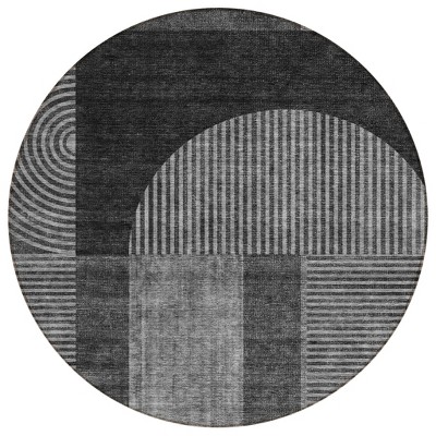 Charcoal Gray And Silver Geometric Washable Indoor Outdoor Area Rug