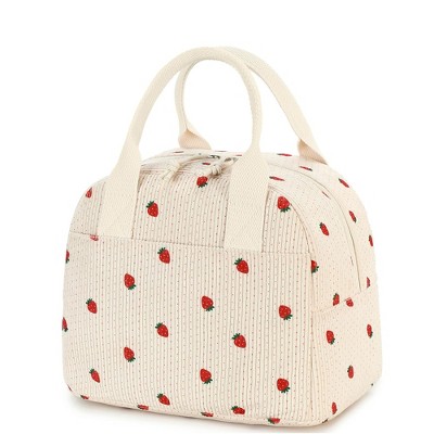 JUJABU Women's Beige Corduroy Strawberry Insulated Lunch Bag with Aluminum Lining, Waterproof, Large Capacity Tote for Work, Beach or Picnic