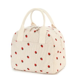 JUJABU Women's Beige Corduroy Strawberry Insulated Lunch Bag with Aluminum Lining, Waterproof, Large Capacity Tote for Work, Beach or Picnic - 1 of 4