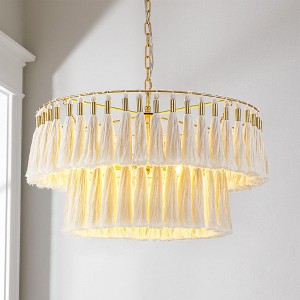 Rennnsan Asher 6-Light Modern Farmhouse 2-Tiered Natural Beige Drum Chandelier with Tassel Accents - 1 of 4