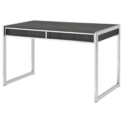 Weathered Gray Contemporary Home Office Desk with Chrome Accents and Dual Drawers