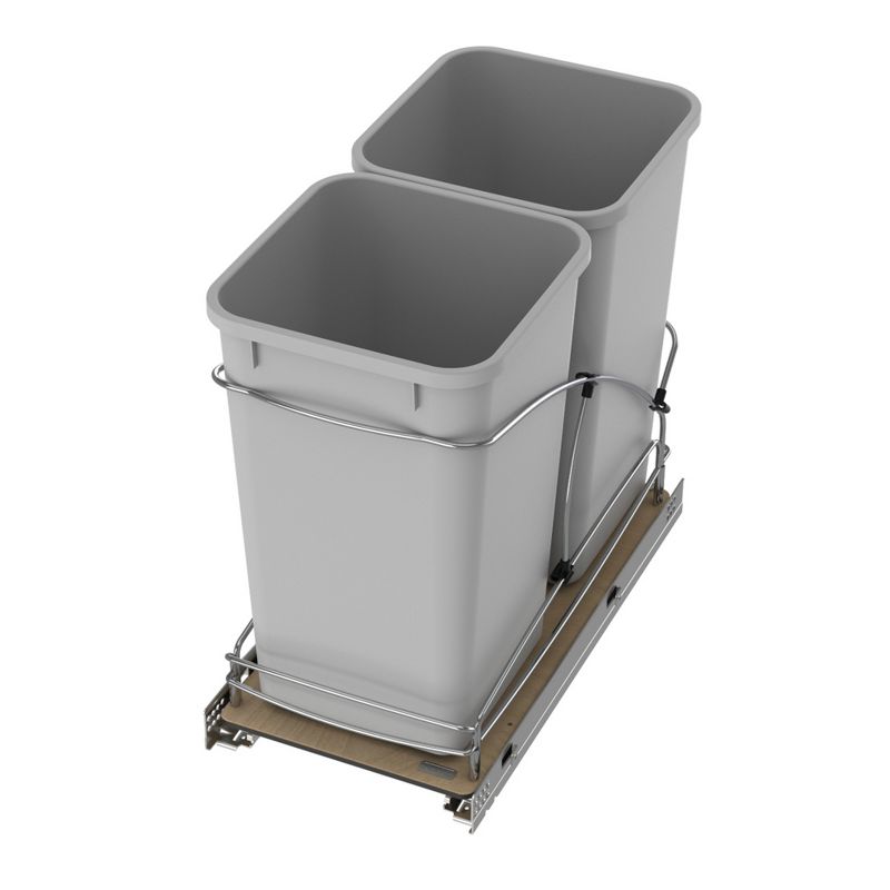 Rev-A-Shelf Steel Bottom Mount Double 27 Quart 6.75 Gallon Waste Bin Trash Container for Under Kitchen Cabinet with Soft Close, Gray, 54WC-1527SC-17-1, 1 of 7