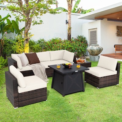 Costway 7pcs Patio Wicker Furniture Set GAS Fire Pit Sofa Side Table Cushioned