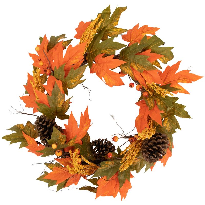 Northlight Leaves, Pinecones and Berries Artificial Fall Harvest Wreath, 24-Inch, Unlit, 1 of 7