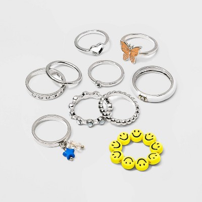 Smiley Face and Butterfly Ring Set 10pc - Wild Fable™