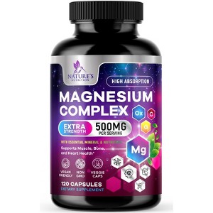 Magnesium Complex Supplement 500 mg - 5 in 1 High Absorption Chelated Magnesium Glycinate, Malate, Citrate, Oxide, Aquamin - Non-GMO - 120 Capsules - 1 of 4