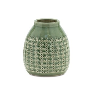 Punched clay terracotta container 7.25 inch height in green and white for home decor Melrose - 1 of 3