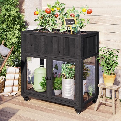 37''H Fir Wood Farmhouse Rustic Outdoor Potting Bench,Mini Cold Frame With 2 Doors And Wheels,Raised Bed With Liner And Drainage Holes -Maison Boucle