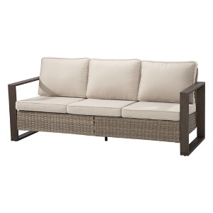 YARDSIGHT Outdoor 3-Seater Rattan Sofa with Olefin Cushions- Weather-Resistant Wicker Patio Couch with Wide Armrests & High Back Support - 1 of 4