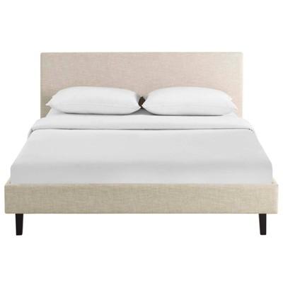 Anya Modern Queen Platform Bed with Upholstered Headboard in Beige