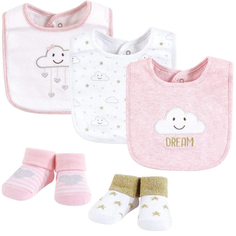Hudson Baby Infant Girl Cotton Bib and Sock Set, Pink Cloud, One Size, 1 of 7