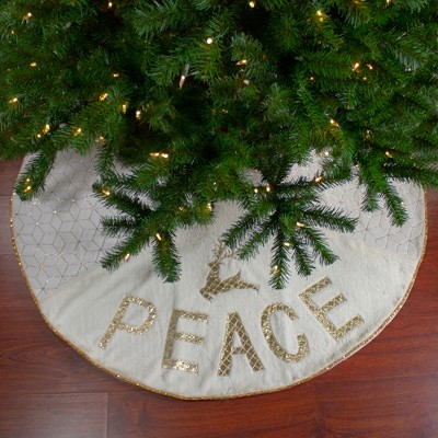 48" Cream and Gold Faux Fur Peace Reindeer Christmas Tree Skirt