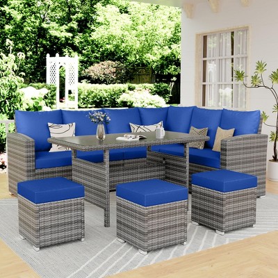 7-Piece Outdoor Patio Furniture Set, 9 Seat PE Rattan Patio Furniture Set with Dining Table & Ottomans, Waterproof & Splash-Proof Seat Cushions