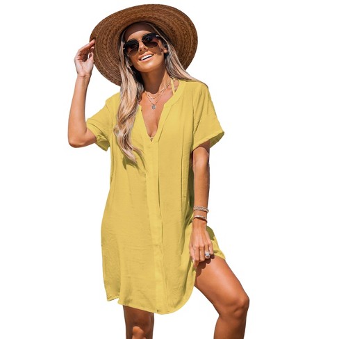 Women's V Neck Shirt Cover Up Dress - Cupshe-s-bright Yellow : Target