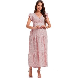 Coolmee Women Summer Maternity Maxi Dresss Floral Wrap V Neck Flutter Short Sleeve Ruffle Tiered Boho Casual Flowy Wedding Guest Long Dress - 1 of 2
