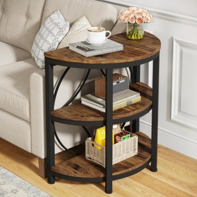 Syemin End Tables 3-Tier Half Moon End Table RusticNSide Table with Storage Semi-Circle Accent Table for Living Room, Brown, 23.62"*11.81"*25.59"