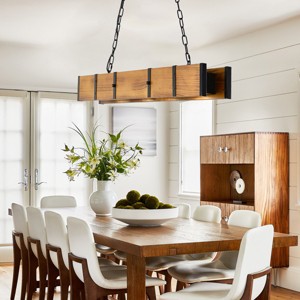 BAOURE Rustic Farmhouse Chandelier for Dining Room 39in Wood Rectangular Pendant Light with LED Dimmable Downlights, Brown - 1 of 4