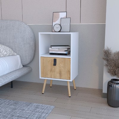 Gulches Tall Nightstand with Open Slot and Deep Drawer White and Macadamia Color Scheme, Contemporary Design, Wooden Legs