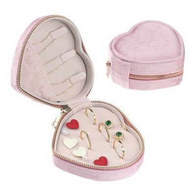 Unique Bargains Travel Small Portable Heart-Shaped Plush Velvet Jewelry Box for Women