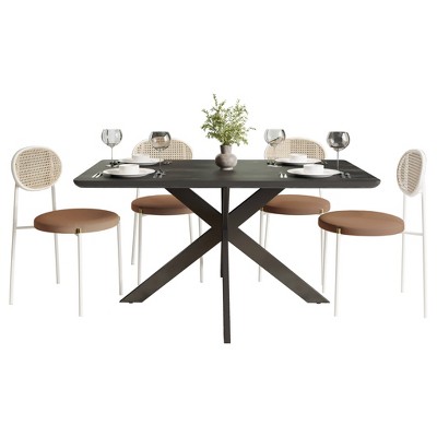 LeisureMod Ravenna 5-Piece Dining Set - 63" Rectangular MDF Top Dining Table in Ebony & 4 Velvet Dining Chairs in White Steel Legs