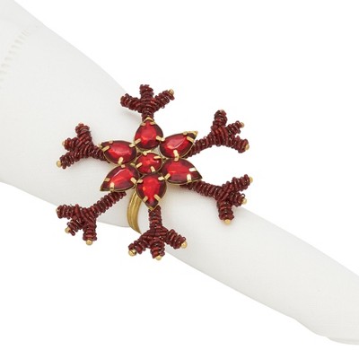 Red Beaded Snowflake Holiday Napkin Rings Set of 4