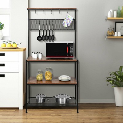 Industrial Black and Brown 4-Tier Kitchen Baker's Rack with Hooks